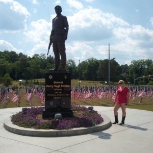 Girlfriend posing with statue of General (Ret.) Shelton