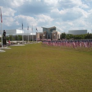 Field of American Flags on front lawn of the museum