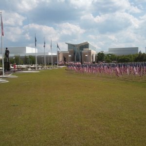 Field of American Flags on front lawn of the museum