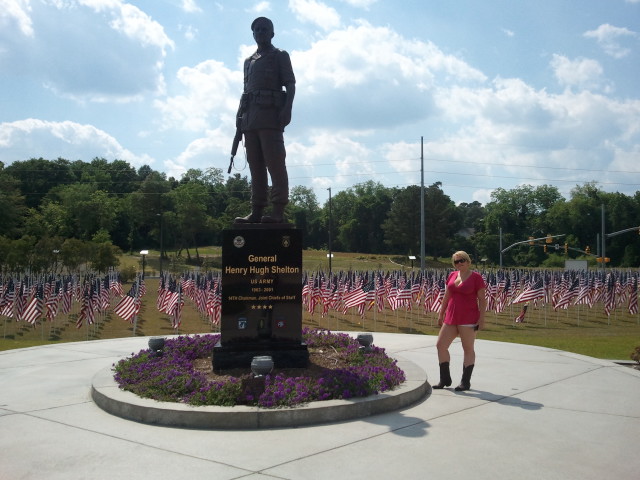 Girlfriend posing with statue of General (Ret.) Shelton